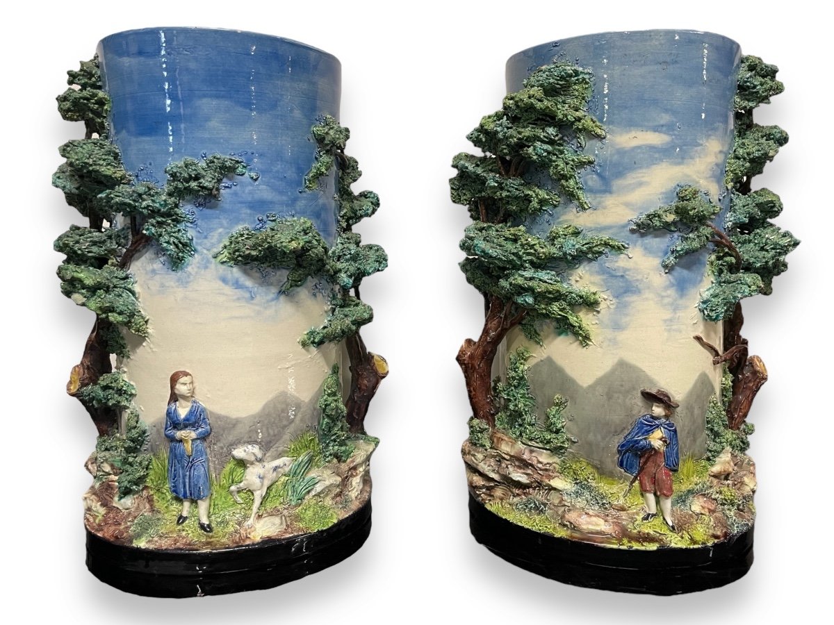 Pair Of Slip Vases Decor Of Characters And Forest In Relief